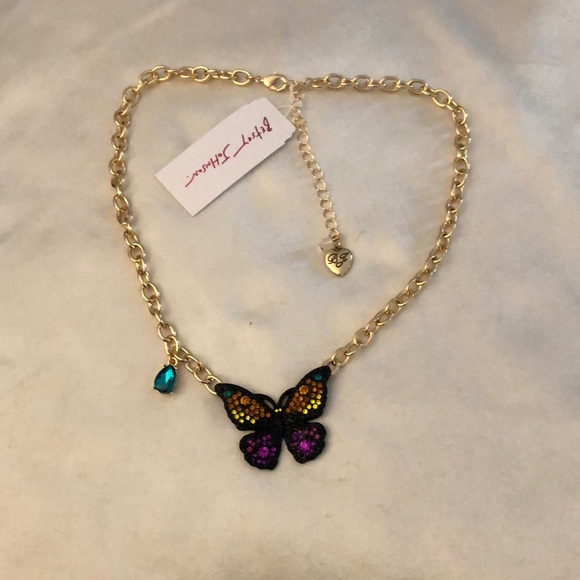 Betsey Johnson Gold Tone Black Butterfly Pendant Necklace Multi Colored Crystal - Picture 5 of 16